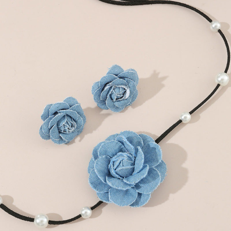 Floral Denim Beaded Necklace & Earrings Set