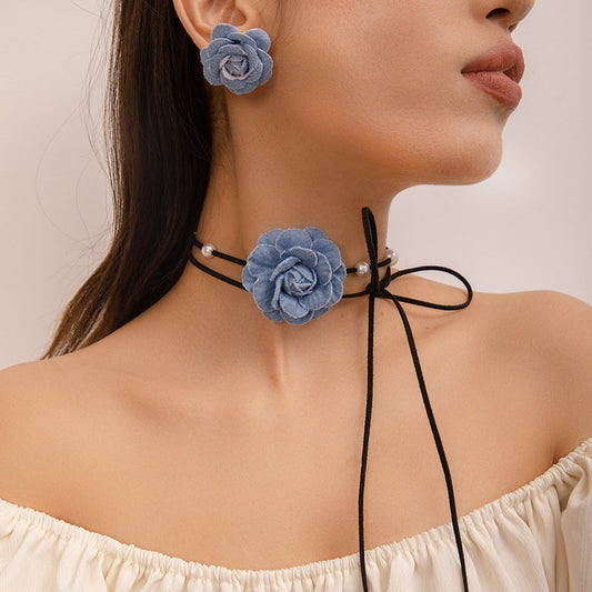 Floral Denim Beaded Necklace & Earrings Set